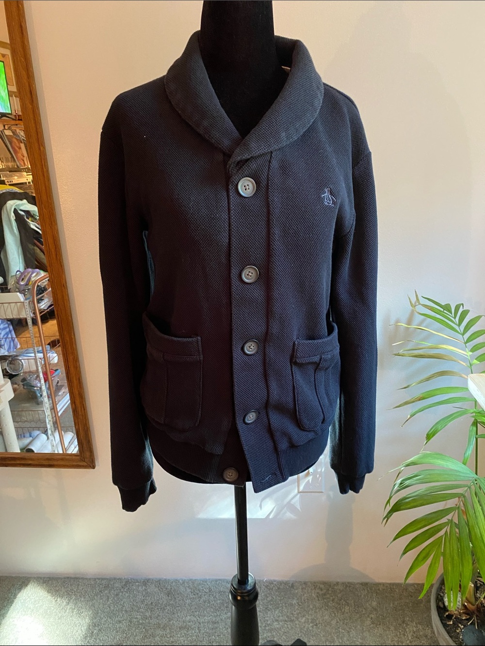Penguin by Munsingwear Charcoal Shawl-Collar Button Sweater Jacket. Size S.